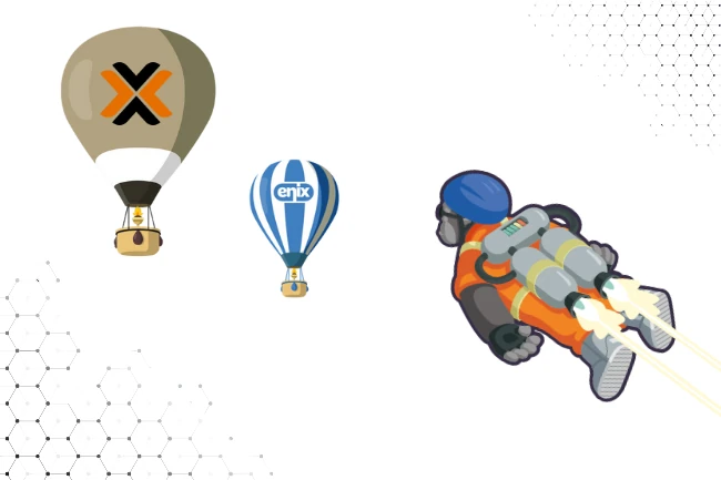 Image of Monkey Enix flying with a jetpack toward Enix and Proxmox hot air balloons.