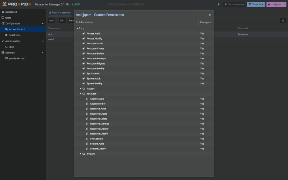 List of permissions in Proxmox Datacenter Manager