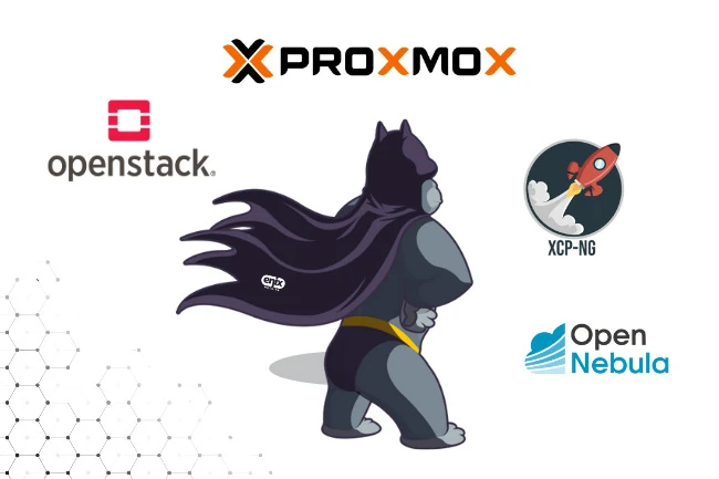 Image of Monkey Enix as Batman, surrounded by logos of open-source technologies like Proxmox, OpenStack, OpenNebula, and XCP-NG.