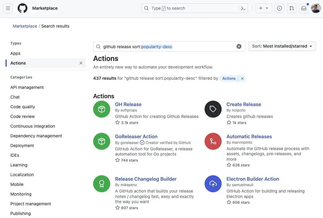 Screenshot de la Marketplace Github Actions