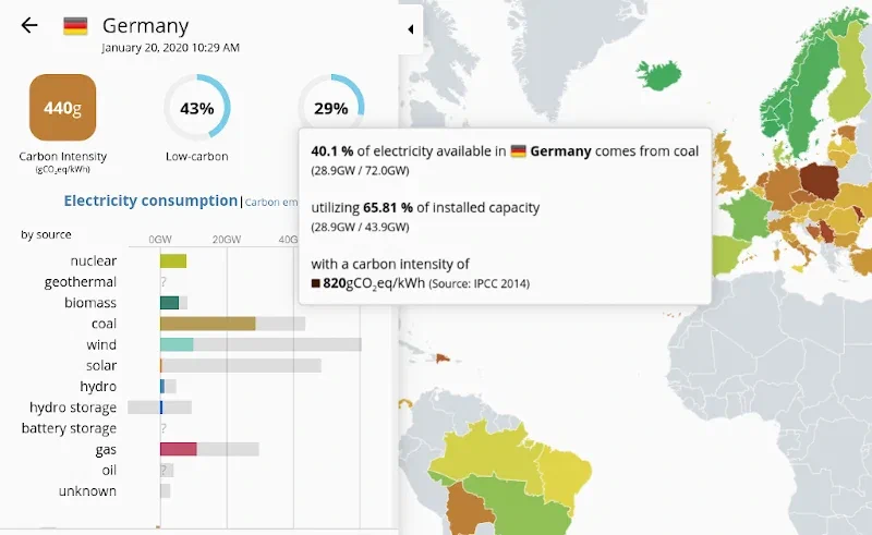 Capture du site electricitymap.org qui montre qu’actuellement 40% de l’électricité d’Allemagne provient de centrales à charbon