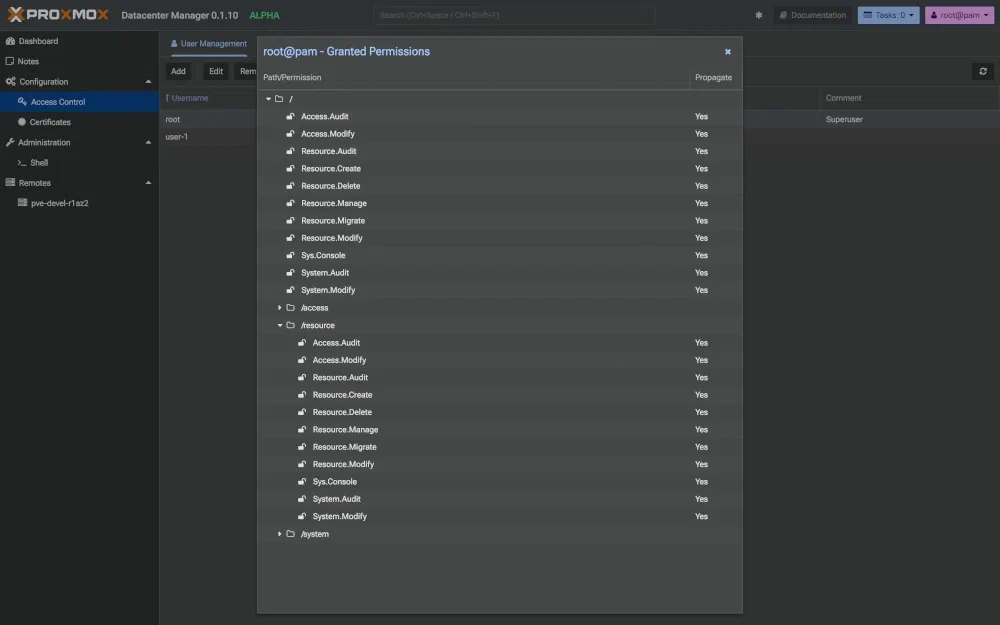 Liste des droits dans Proxmox Datacenter Manager