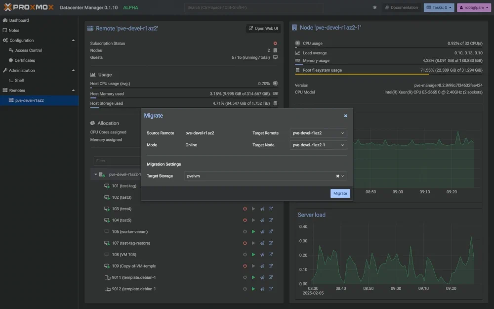 Vue de la migration d’une VM d’un cluster PVE dans Proxmox Datacenter Manager