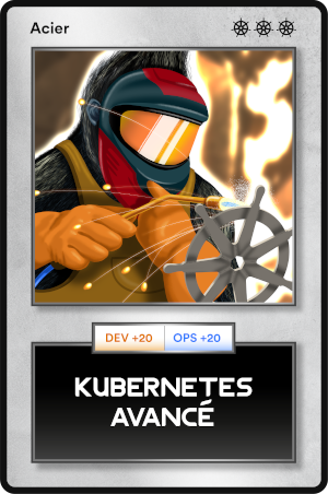Une carte à jouer avec monkey mascotte d'Enix qui forge le logo de la technologie kubernetes dans du metal
