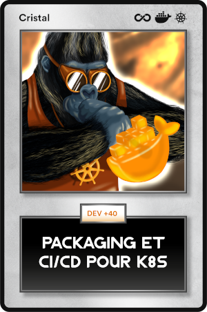 Une carte à jouer avec un monkey mascotte d'Enix qui souffle du verre en forme de logo de la technologie docker