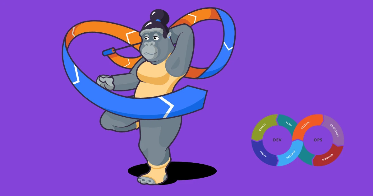 Image sur fond violet d'une monkeynette Enix qui fait de la gym avec son ruban devops coloré