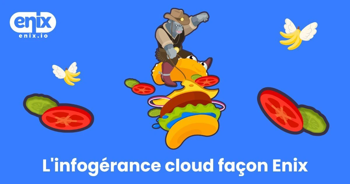 Image sur fond bleu d'un monkey Enix qui fait du rodéo sur un burger cloud native
