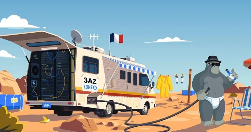 An Enix camper van full of servers, with a French flag on the roof and an Enix monkey in the desert, illustrating our sovereign cloud hosting