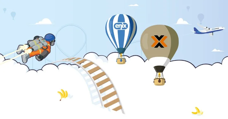 Hot air balloons with the Enix and Proxmox logos above the clouds, illustrating our Proxmox private cloud