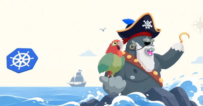An Enix pirate monkey with a parrot next to the Kubernetes logo, illustrating our managed Kubernetes service