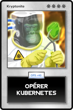 Une carte à jouer avec monkey mascotte d'Enix en combinaison de protection qui tient un morceau d'uranium avec une tenaille