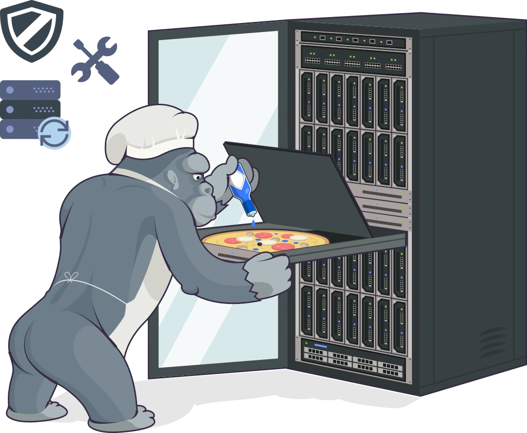 Monkey mascotte d'Enix chef cuisinier qui répare une baie serveur avec une pizza qui représente la maintenance et la sécurité du service d'infogérance enix